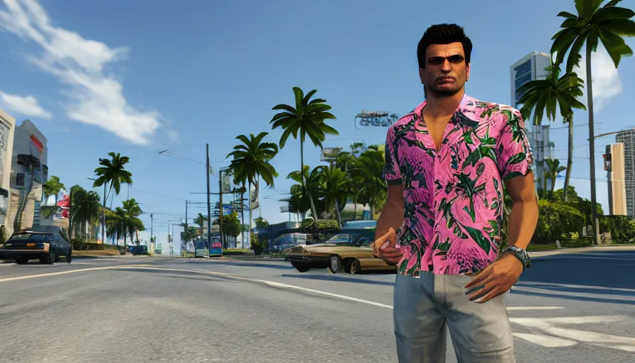 Image similar to in the streets of miami in the style of gtav, full - frame of tommy vercetti, wearing a hawaiian - shirt, as a character from gtav, looking at camera