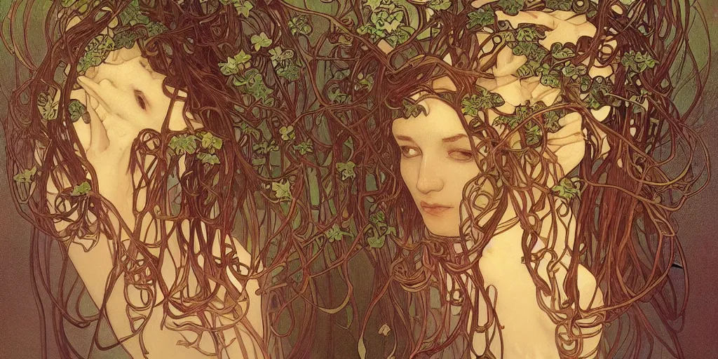 Prompt: creepy plant people, ominous, fungus tendrils by alphonse mucha, intense lighting, light beams, lens flare, intricate, elegant, highly detailed, digital painting, artstation, concept art, smooth, sharp focus, illustration, art by artgerm and serpentigena and alphonse mucha