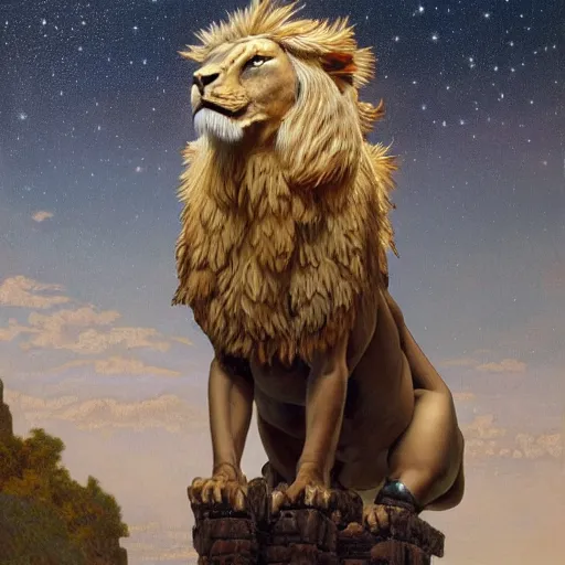 Image similar to a realistic oil painting of a winged lion's body with an eagle head, at night with a sky full of stars, highly detailed, trending on artstation, by james gurney and michael whelan and krenz cushart and alphonse mucha