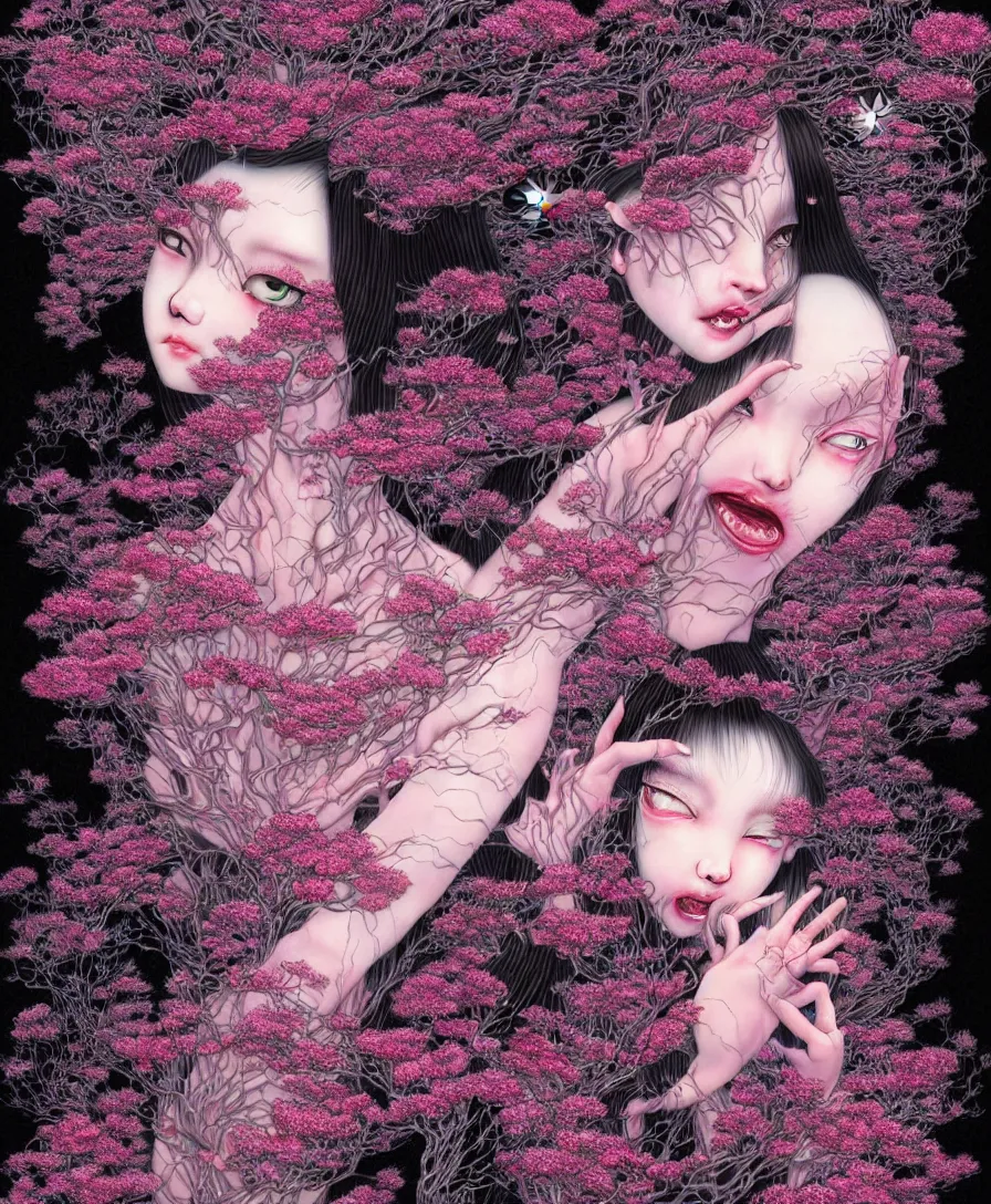 Prompt: hyper detailed 3d render like a Oil painting - kawaii portrait Aurora demon (ancient black haired Fae acrobat) seen Eating of the Strangling network of yellowcake aerochrome and milky Fruit and Her delicate Hands hold of gossamer polyp blossoms bring iridescent fungal flowers whose spores black the foolish stars drawn by Takato Yamamoto and Katsuhiro Otomo, full body character drawing, inspired by Evangeleon, clean ink detailed line drawing, intricate detail, extremely detailed, 8k