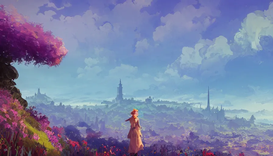 Prompt: over the shoulder landscape painting of violet evergarden standing on a distant colorful flower hill, behind it a distant old european city leiden from violet evergarden, ocean, sunshine, fantasy, intricate, elegant, highly detailed, digital painting, artstation, smooth, sharp focus, illustration, by Anton Fadeev and Philipp A. Urlich and greg rutkowski