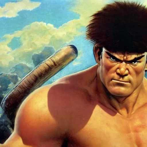 Image similar to ultra realistic david koechner as ryu from street fighter, painting by frank frazetta, 4 k, ultra realistic, highly detailed,