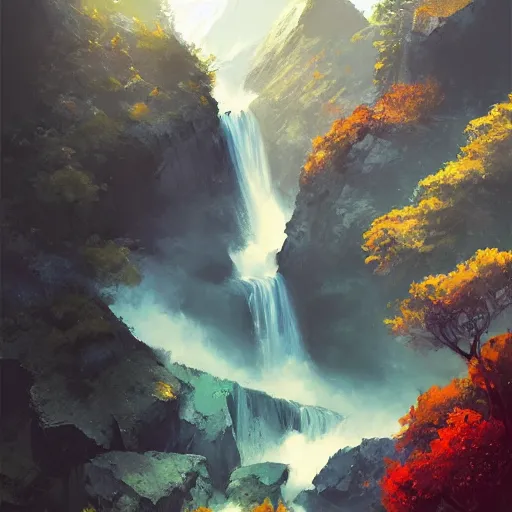 Image similar to mountain waterfall, matte painting by sylvain sarrailh, artstation