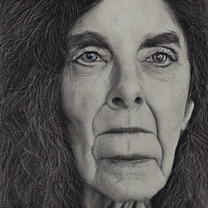 Prompt: a portrait of mira furlan, wise, secretive, unnerving, by chuck close, by elizabeth payton