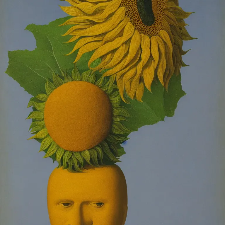 Image similar to portrait of a faceless sunflower - head man by rene magritte, detailed painting, distance, centered, hd, hq, high resolution, high detail, 4 k, 8 k