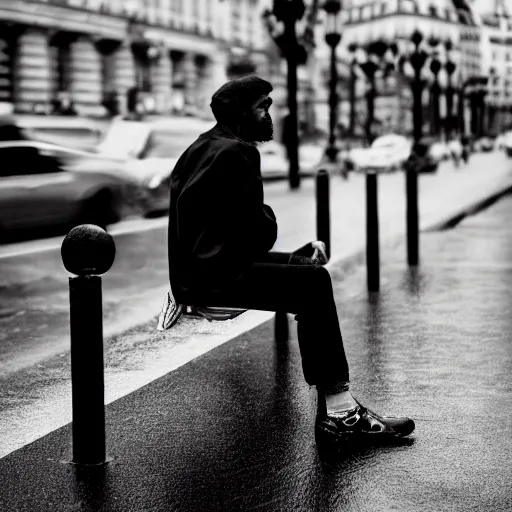 Image similar to black and white fashion photograph, highly detailed portrait of a depressed white drug dealer sitting on a bench on a busy Paris street, looking into camera, eye contact, natural light, rain, mist, lomo, fashion photography, film grain, motion blur, soft vignette, sigma 85mm f/1.4 1/10 sec shutter