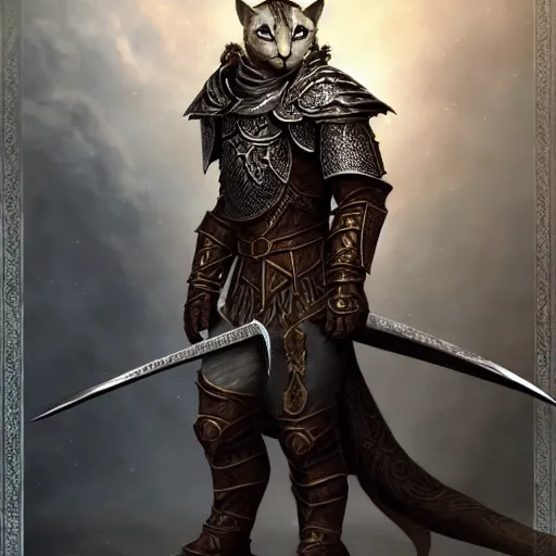 a cat warrior wearing armor holding one single sword,, Stable Diffusion