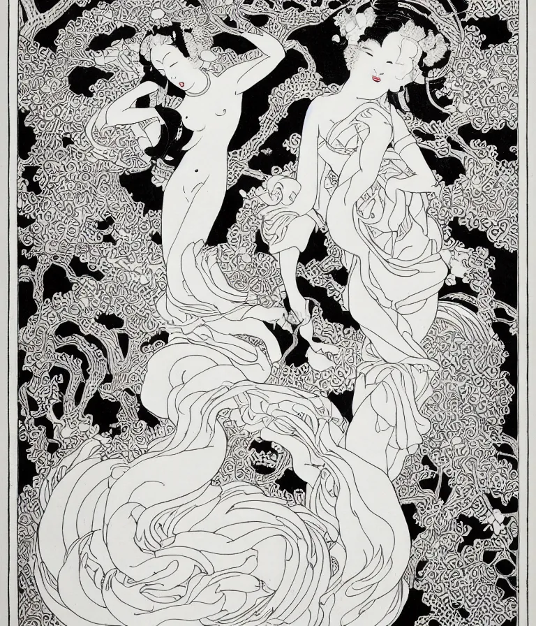 Prompt: Beautiful Art Nouveau print of a Beautiful Powerful Kitsune Goddess Dancing in her Garden, in the blackness of outer space in the style of Utamaro and Aubrey Beardsley high contrast!! finely carved woodcut engraving black and white crisp edges