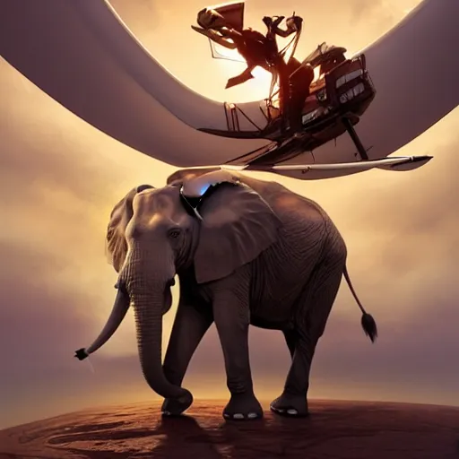 Image similar to an elephant dressed as an aviator, centered full body pose, zenith angle, shadowy area, dramatic lighting, concept art, digital painting, Unreal Engine 5, 8K, art by artgerm and Greg Rutkowski and Alphonse Mucha