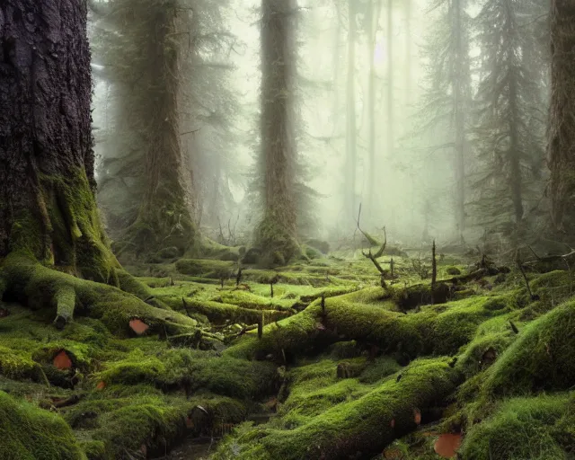 Image similar to Fantasy Oil painting of Hoh National Forest and logs covered in moss, Greg Rutkowski, National Geograpic, Trending on Artstation, Morning Glow