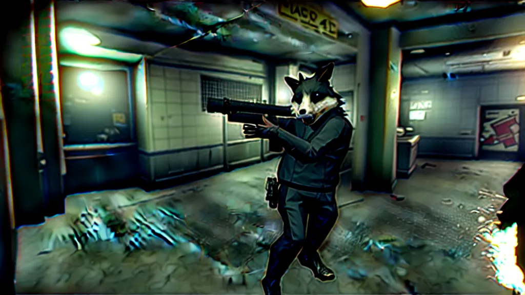 Image similar to screenshot from the pc game payday 2 demonstrating the fursuit unlock - hoxton? more like foxton.