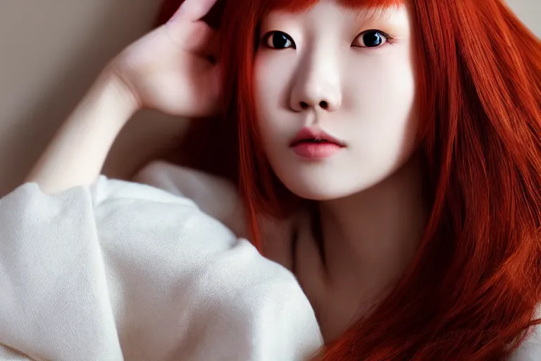 Image similar to hyperrealistic portrait of stunningly beautiful redhead korean girl, lit in a dawn light, trending on artstation,ultrawide angle, f8 , polarizer , unreal engine