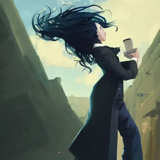 Image similar to low - angle shot from behind of a long blue - haired girl in a tailcoat overlooking demacia, combat boots, noir, screenshot, sharp focus, intricate, illustration, cell shaded, digital painting, highly detailed, straight hair, art by ilya kuvshinov, wlop, greg rutkowski, studio quality, james jean