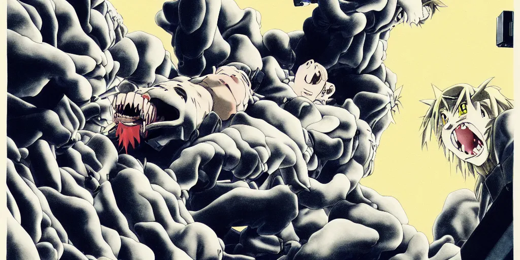 Image similar to chimera in full metal alchemist biting it's owner's body, extreme low angle looking up, anime, manga, oil paint, risograph, gottfried helnwein