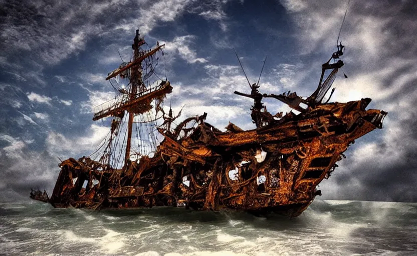 Image similar to “Pirate ship wreck falling from the sky, 4k, cinematic, award winning”