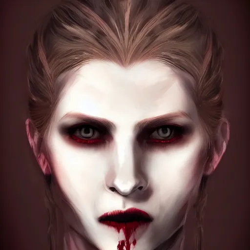 Prompt: a realistic head and shoulder professional portrait of a female vampire, painted in the style of bloodborne, interesting color use, vampire fashion, highly detailed, melancholy, vampire teeth