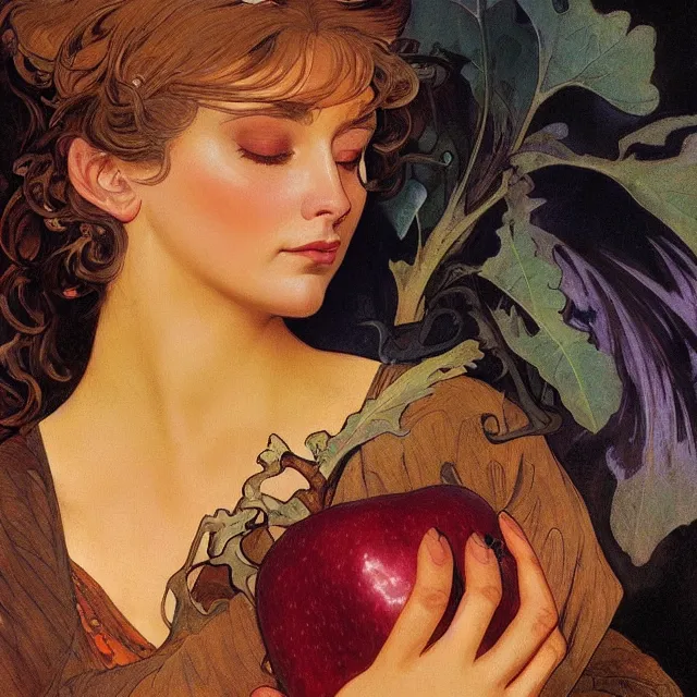 Image similar to an aesthetic! detailed close - up portrait of an aesthetic woman crying mournfully while holding an apple, by frank frazetta and alphonse mucha, oil on canvas, bright colors, art nouveau, epic composition, dungeons and dragons fantasy art, hd, god - rays, ray - tracing, crisp contour - lines, huhd - 8 k