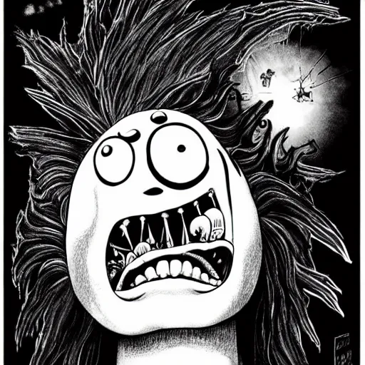 Image similar to black and white trippy comic art of a painful facial expression, hurting & uncomfortable, drawn by Martin Rowson, Tim Burton, Studio Ghibli, Alex Pardee, Nekro Petros Afshar, James McDermott, cgsociety 4K