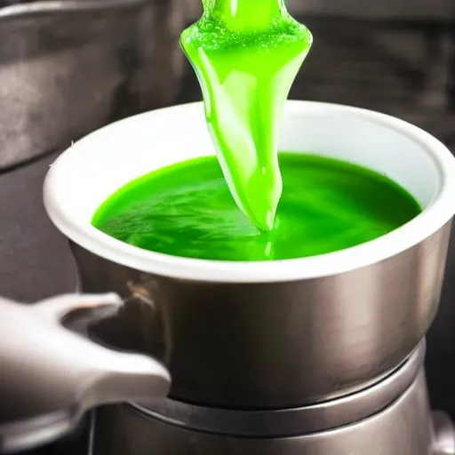 Image similar to brewing violent bubbling green fluid soup, green steam rising from soup