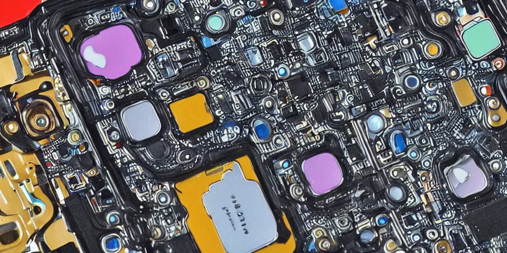 Prompt: the inner workings of an iPhone 13, high detail, colorful