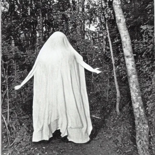 Image similar to scary unproportionally large ghost creature in the woods, 1900s picture