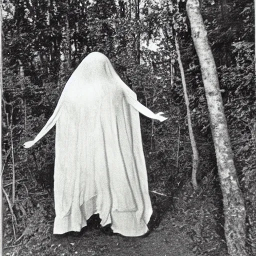 Prompt: scary unproportionally large ghost creature in the woods, 1900s picture