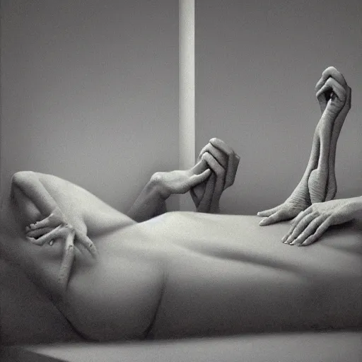 Prompt: a gray alien with long fingers at the foot of the bed, beksinski, dariusz zawadzki, very coherent symmetrical artwork, cinematic, hyper realism, high detail, octane render, 8 k