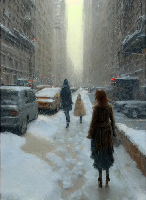 Image similar to back of emma stone in beige coat, walking into new york apartment building in winter, snow, artwork by gaston bussiere, craig mullins, trending on artstation