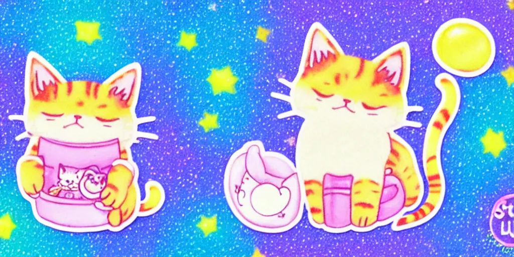 Image similar to a tiny cute kitten sleeping, puffy sticker, glitter sticker, kawaii by studio ghibli, by lisa frank 8 k pastel colours, isometric, smeared watercolours,