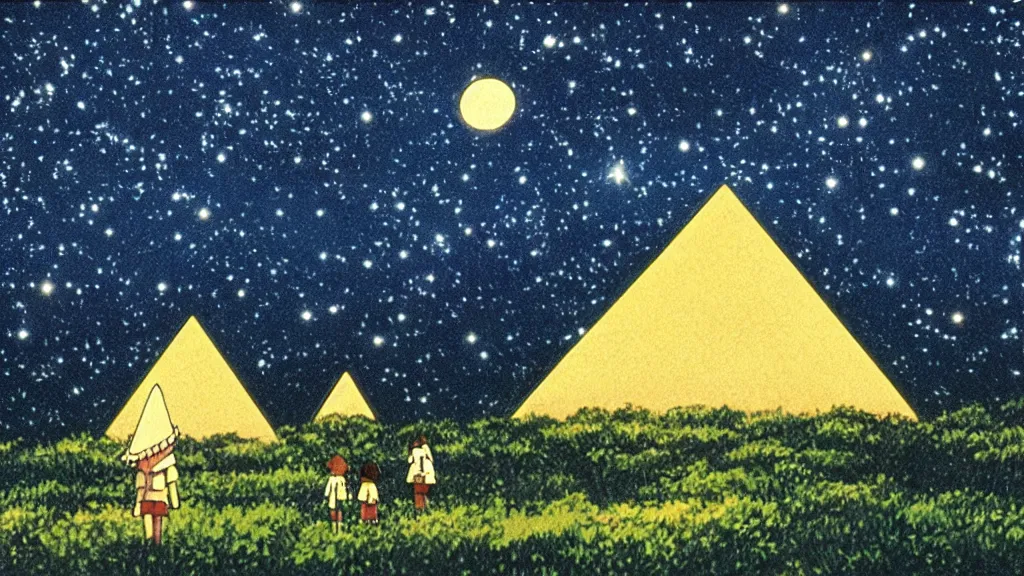 Image similar to a movie still from a studio ghibli film showing a large white pyramid and a golden ufo on a misty and starry night. by studio ghibli