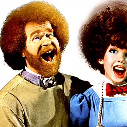 Image similar to bob ross and dorothy screaming in wizard of oz