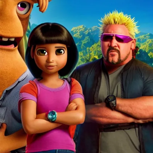 Prompt: still from the movie with Dora the Explorer (played by Lara Croft) and Guy Fieri (played by Anthony Hopkins), award-winning cinematography, 4k