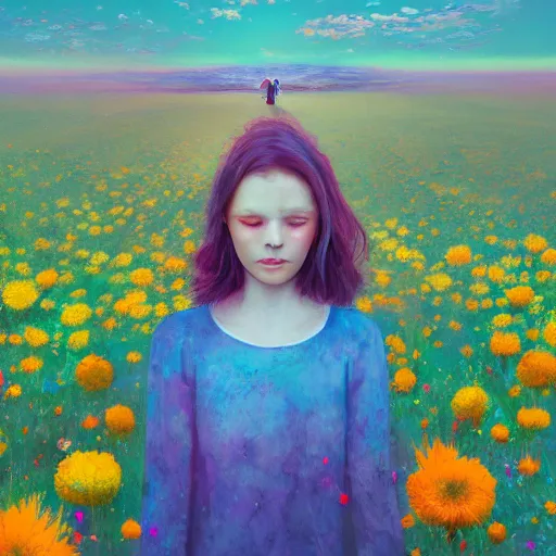 Image similar to girl with an blooming flower for a face, surreal photography, dream, standing in flower field, magical, in a valley, sunrise dramatic light, impressionist painting, colorful clouds, artstation, simon stalenhag, exploding flower face