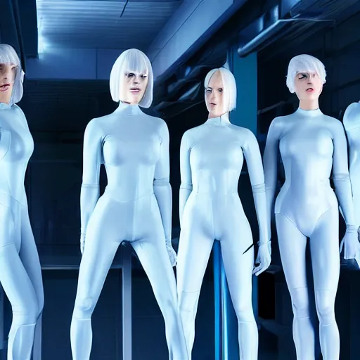 Image similar to troop ofcloned women with white bob hairdos, tight light blue neopren suits, futuristic production facility, sci - fi, highly detailed, cinematic