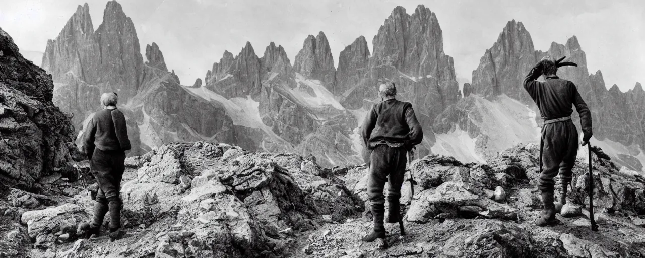 Image similar to historical photograph of an old alpine farmer from behind turning into a grotesque monster with goathorns and roots growing from his face, standing in the dolomites, full body, whole body, edelweiss growing from head