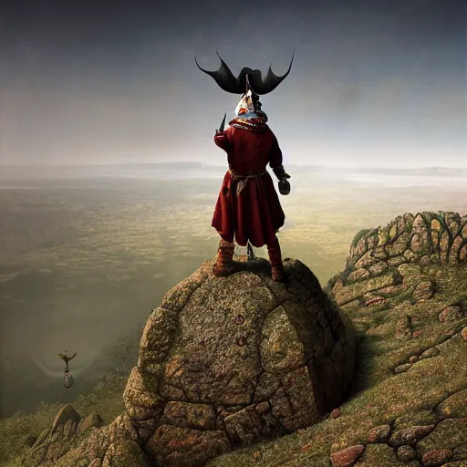 Prompt: full - body pose of a medieval jester standing on a cliff looking out over a vast valley, hyper detailed, bioluminescent, background fortress, digital art, golden, trending in artstation, cinematic lighting, studio quality, smooth render, unreal engine 5 rendered, octane rendered, by karol bak and greg rutkowski, giger, maxim verehin