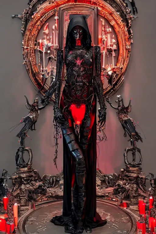 Image similar to full-body cyberpunk style sculpture of a young beautiful dark priestess, half android with a head opening exposing circuitry, glowing red eyes, black roses, flowing blood red colored silk fabric. baroque elements, candles, human skull, crows flying in background. full-length view. baroque element. intricate artwork by Caravaggio. Trending on artstation, cinematic lighting from the right, hyper-realism, octane render, 8k, depth of field, 3D, conceptual art