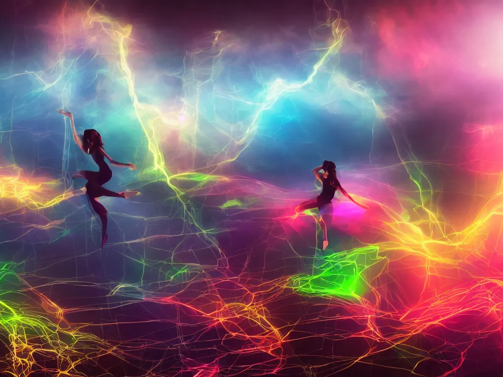 Image similar to a dancer in a rgb backlit environment, heavenly, cables, pc cooling equipment, clouds, mist, realistic