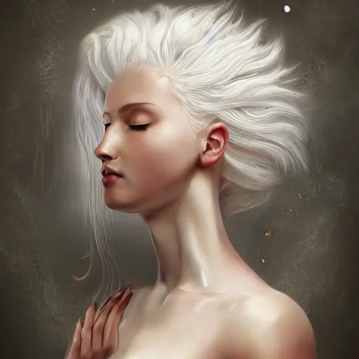 Image similar to a gorgeously defined woman with immensely glowing white hair and [ rose - designed medieval armor ], meditating in tranquility as [ her hair flows ]!!, surrealism art, trending on artstation, portrait!!, intricately detailed