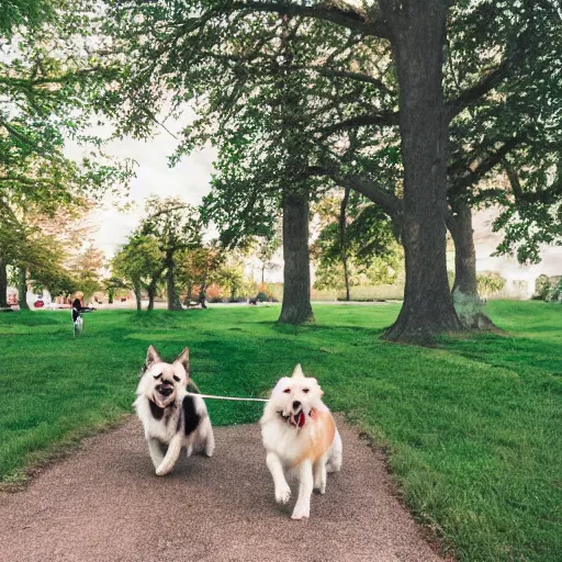 Prompt: two happy dogs on a walk in a park by sam bosma, 4 k