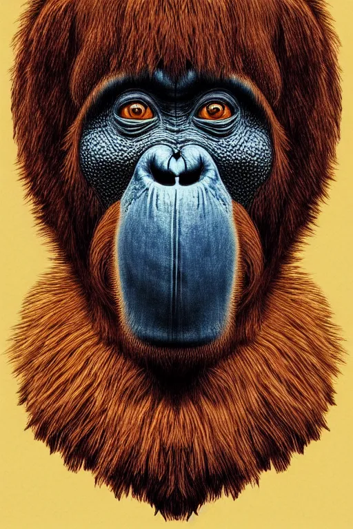 Prompt: a vibrant ultraclear sideview waist up portrait of mysterious orangutan wearing black cape hoodie by rene magritte and laurie greasley, etching by gustave dore, colorful flat surreal, ethereal, intricate, sharp focus, illustration, highly detailed, digital painting, concept art, masterpiece