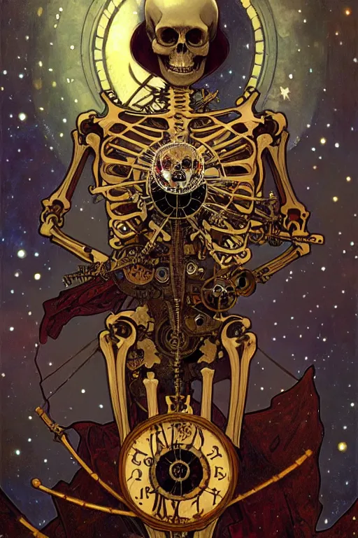 Image similar to a steampunk skeleton holding a star, tarot art, painting by greg rutkowski, alphonse mucha