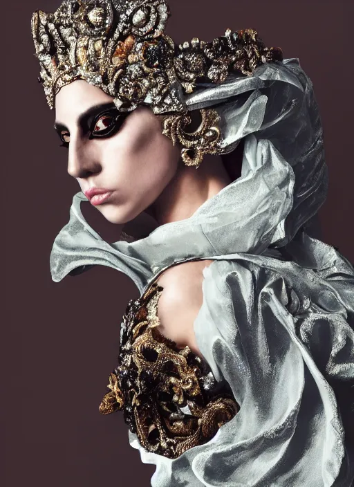 Image similar to lady gaga styled by nick knight posing renaissance style, vogue magazine, highly realistic. high resolution. highly detailed. dramatic. 8 k. 4 k.