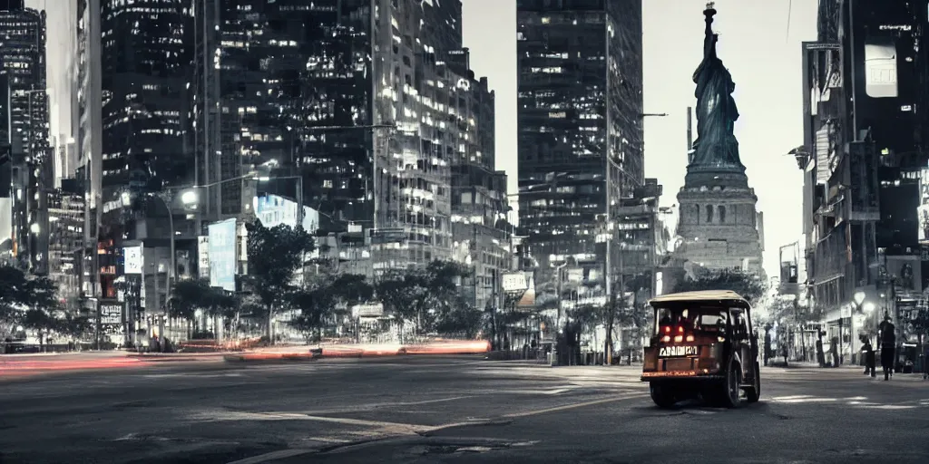 Image similar to a tuk tuk walking through a desolate manhattan city street at night statue of liberty seen in the background realistic 4 k octane beautiful