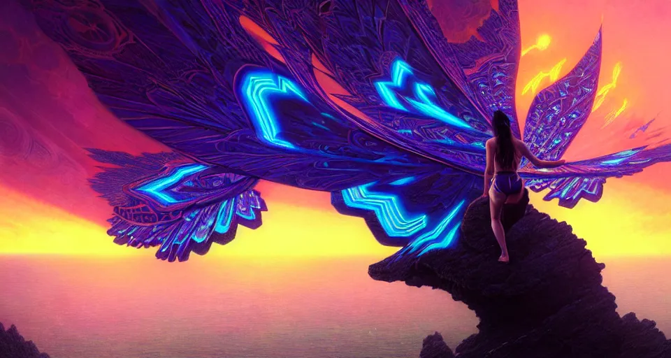 Prompt: psychedelic tron wings in front mind bending sunset, cliffside ocean scene, backlit, intricately aesthetic, surreal, diffuse lighting, hyper realistic, elegant, intricate, hyper detailed, smooth, sharp focus, concept art, illustration, trending on artstation, art by artem demura, greg rutkowski, james gurney, and alphonse mucha