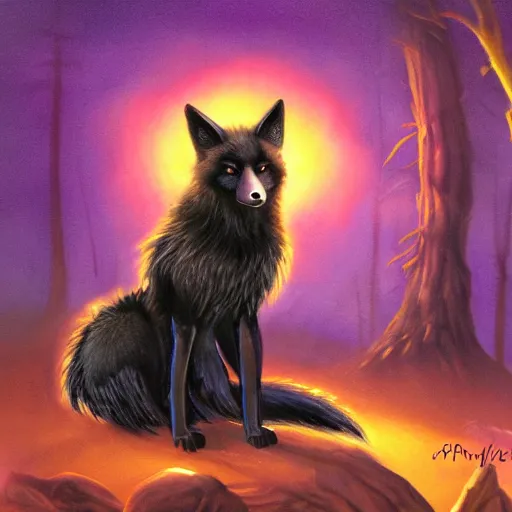 Prompt: black fox dragon hybrid with purple eyes, in a fantasy forest scene at sunset