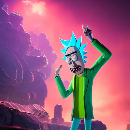 Image similar to full body pose, hyperrealistic photograph of rick sanchez from rick and morty, dim volumetric lighting, 8 k, octane beautifully detailed render, extremely hyper detailed, intricate, epic composition, cinematic lighting, masterpiece, trending on artstation, very very detailed, stunning, hdr, smooth, sharp focus, high resolution, award, winning photo, dslr, 5 0 mm