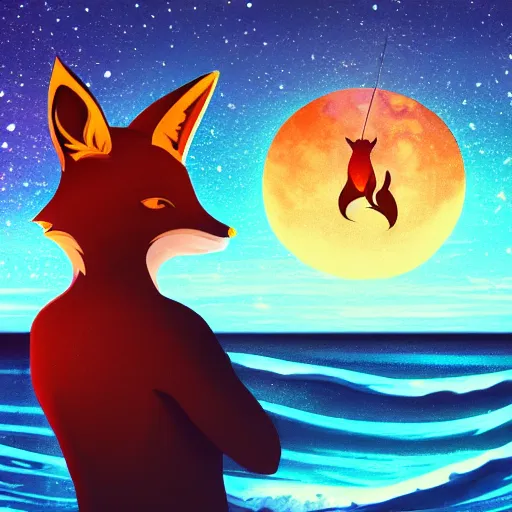 Image similar to long shot of a man with fox ears standing in the ocean, digital art, acrylic, detailed, glows, moonlight, bokeh, depth of field, colorful,