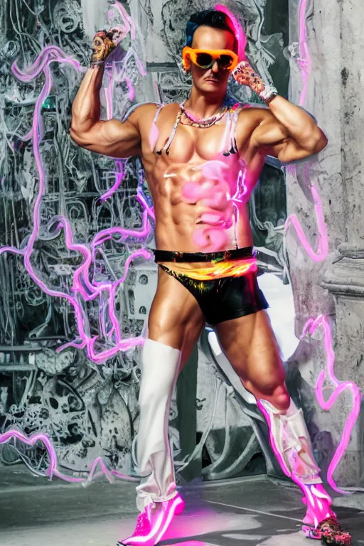 Image similar to full-body rococo and cyberpunk style neon statue of a muscular attractive Marc Anthony wearing cholo shades macho dotado e rico android sim roupa reclining con las piernas abertas e la piroca dura, ethereal white dripping tar, glowing orange lasers, pink tigers, glowing eyes, silver prince crown, black gears, pink diamonds, swirling mint-colored silk fabric. futuristic elements. full-length view. human skulls. large intricate artwork by caravaggio. Trending on artstation, octane render, cinematic lighting from the right, hyper realism, octane render, 8k, depth of field, 3D