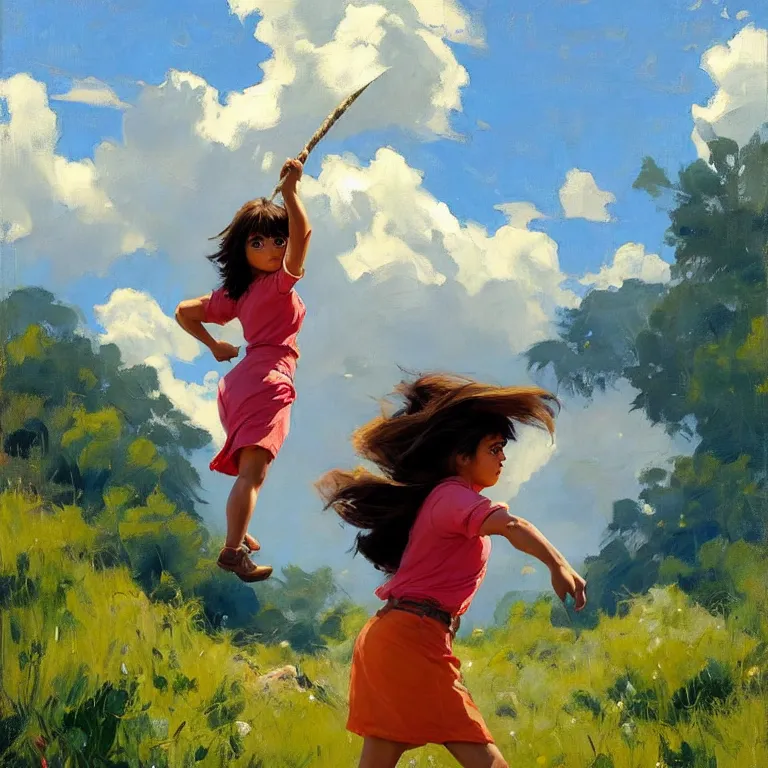 Image similar to Greg Manchess painting of dora the explorer, countryside, fantasy character portrait, dynamic pose, above view, sunny day, thunder clouds in the sky, artwork by Jeremy Lipkin and Giuseppe Dangelico Pino and Michael Garmash and Rob Rey, very coherent asymmetrical artwork, sharp edges, perfect face, simple form, wacky, 100mm